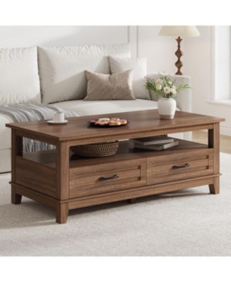 Farmhouse Coffee Table with Drawers, Center Table Rustic Coffee Tables Living Room Table, with Open Shelf and 6 Support