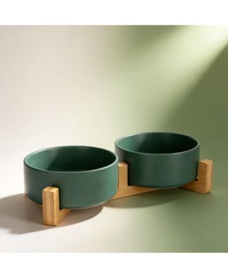 Ceramic Dog Cat Bowl Set with Wooden Stand Modern Weighted Food Water