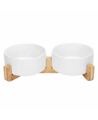 Ceramic Dog Cat Bowl Set with Wooden Stand Modern Weighted Food Water