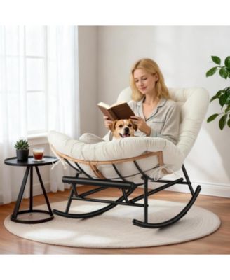 2Pcs Papasan Rocking Chair with Foot Rest, Oversized Papasan Chair with Thick Removable Cushion and Metal Frame, PE Rattan Rocker