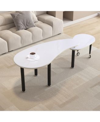 360° Rotatable Coffee Table, Nesting Coffee Tables with Swivel Function, Modern Wood Oval Center Table for Living Room