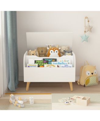 Kids Toy Storage Box - Wooden Toy & Book Organizer with 4 Wood Legs, Front Bookshelf, Flip-Top Lid and Safety Hinge for Playroom