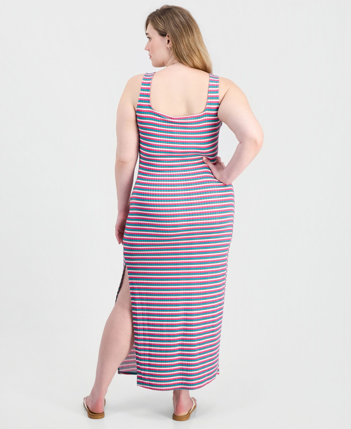 Женское платье FULL CIRCLE TRENDS Trendy Plus Size Printed Ribbed Knit Sleeveless Maxi, цвет: Белый / Фиолетовый полосатый — фото 2