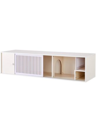 Modern Cream White TV Stand & Cat Litter Box Enclosure with Sliding Door