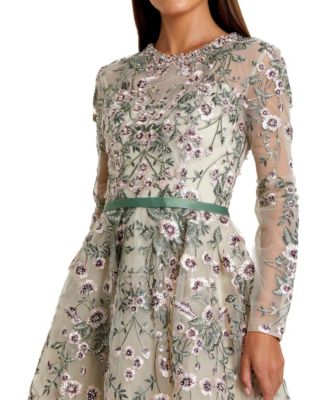 Women's Long Sleeve Floral Embellished A-Line Gown