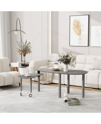 360° Rotatable Coffee Table, Nesting Coffee Tables with Swivel Function, Modern Wood Oval Center Table for Living Room