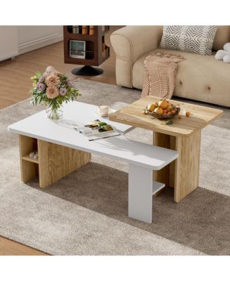 Nesting Coffee Tables Set of 2, Rectangle Wood Finish Center Table with Rounded Corners and Shelf for Living Room