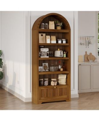 71" Tall Arched Book Shelf, 6 Tier Freestanding Bookshelf with Drawer and Open Display Shelves, Mid Century Modern Arched Bookcase