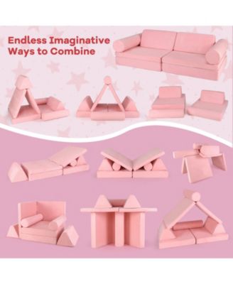 8 Pieces Kids Play Couch Foam Building Fort Play Set with Suede Cover-Pink