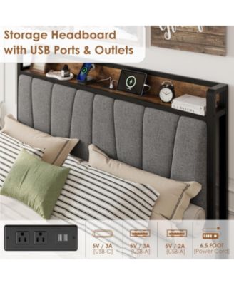 Full Bed Frame with 2 Drawers Charging Station Rustic Linen Upholstered No Box Spring Needed