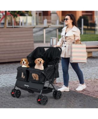 Double Pet Stroller w/ 2-seater Carrier Adjustable Sunshade Removable Pad