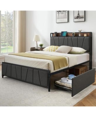 Bed Frame with 2 Drawers Storage Headboard Charging Station No Box Spring Needed