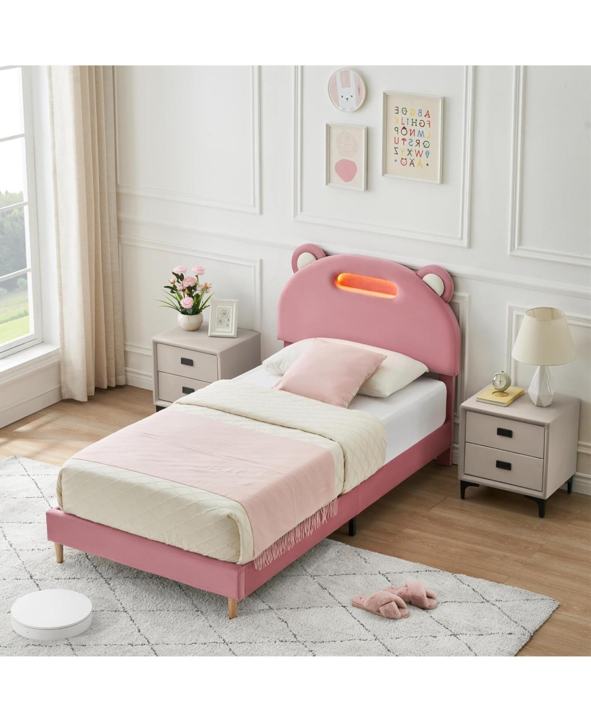 gaomon Bed Frame with Velvet Led Headboard, Platform Base, Wooden Slats, Noise-Free, No Box Spring Needed