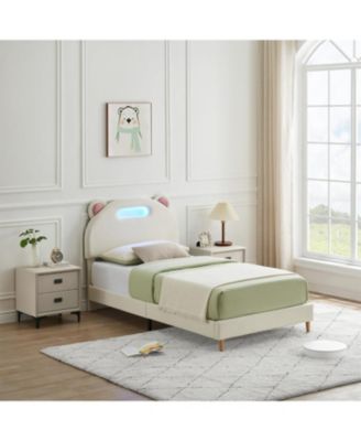 Upholstered Platform Bed with LED Lights, Headboard, Wooden Slats, Easy Assembly, No Box Spring Needed