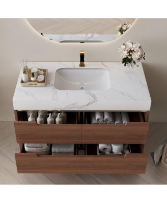 35.4" Modern Sintered Stone Bathroom Vanity, Free-Standing or Wall-Mounted, 4 Soft-Close Drawers, Undermount Sink
