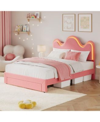 Full Bed Frame with Adjustable Headboard, Storage Drawer, Boucle Fabric, LED Light, Wooden Slats, No Box Spring