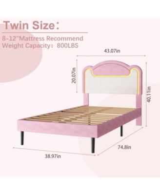 Upholstered Platform Bed with LED and Fabric Headboard, Princess Style, Pink White, Wood Slats