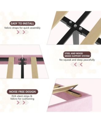 Full Upholstered Platform Bed with LED and Fabric Headboard, Princess Style, Wood Slats