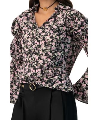 Women's Collared Long Sleeve Floral Print Blouse
