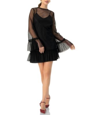 Women's Flocked Polka Dot Short Dress with Wide Long Sleeves