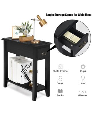 2 Tier End Bedside Sofa Side Table Narrow Nightstand w/Drawer andShelf
