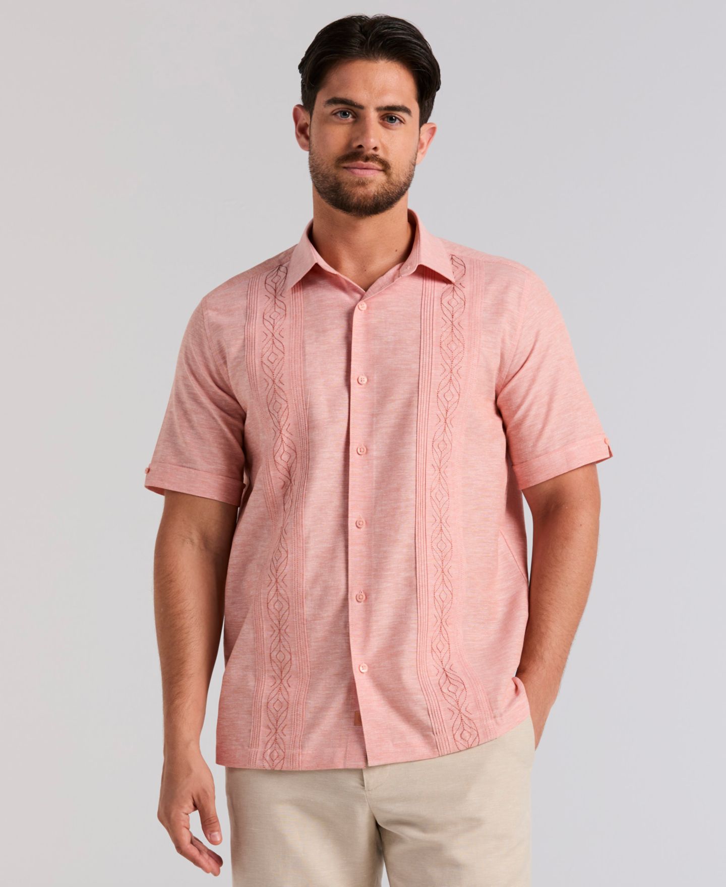Мужская рубашка Cubavera Embroidered Linen Blend, цвет: Льняной — фото 1