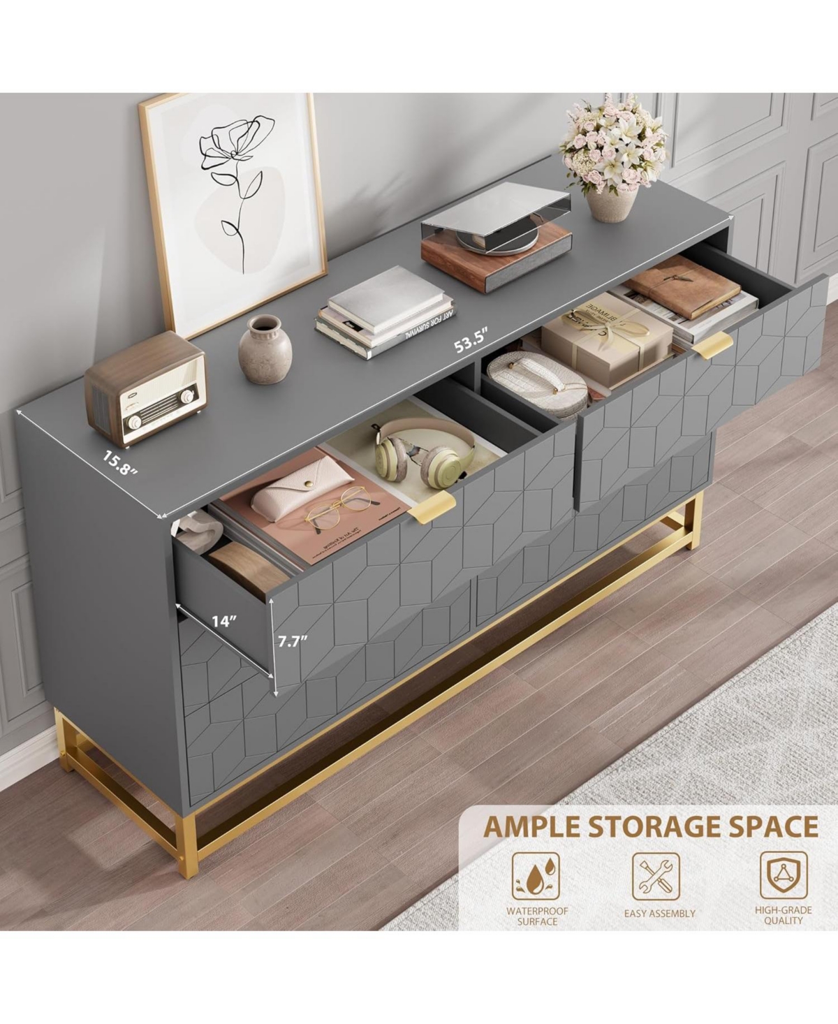 gaomon 53.5 Inch Wide 6 Drawer Dresser Gold Accents for Tv Stand and Closet
