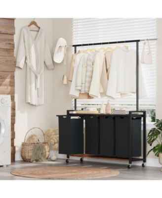 Rolling Laundry Sorter Hamper 4 Section Basket with Hanging Rack Plus Wheels Organizer for Laundry Room Rustic