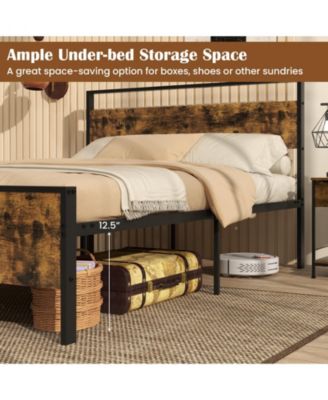 Industrial Metal Platform Bed with Wooden Headboard