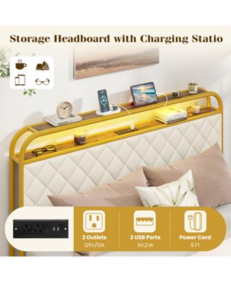 Platform Bed Frame with LED Lights and Charging Station