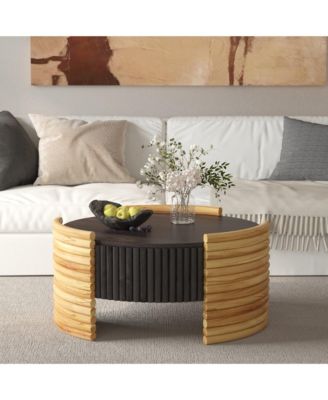 Colorblocked Striped Coffee Table - 31.5" Round Wooden Center Table with Flip Top Storage for Living Room, Home Office
