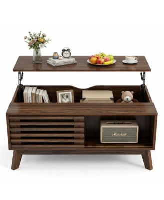 Lift Top Coffee Table with Storage, Mid Century Modern Center Table with Sliding Slatted Door and Hidden Compartment for Living Room