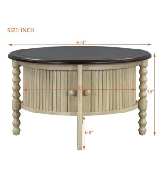 Vintage Round Coffee Table, Fluted Center Table with Sliding Door, Slatted Design for Living Room, Small Space