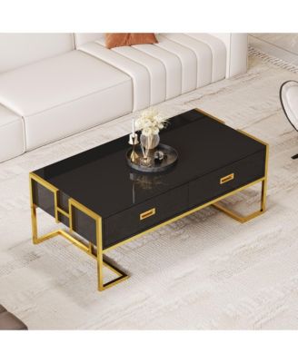 Rectangular Coffee Table, Modern 47.4" Center Table with 4 Drawers and Gold Metal Base for Living Room, Home Office
