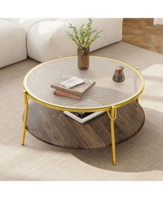 Modern Round Walnut 2-Tiered Coffee Table - Glass Top, Gold Base, Center Table for Living Room