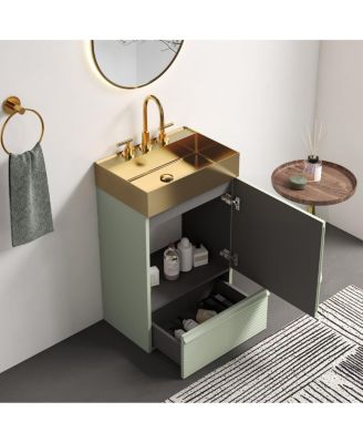 20" Modern Fluted Vanity With Gold Metal Vessel Sink, 1 Drawer 1 Door Soft-Close, Anti-Tip KD