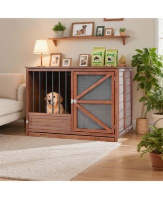  43" Solid Wood Dog Crate Furniture End Table with Rotating Feeder and Removable Tray