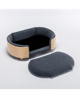 Mid-Century Wooden Pet Bed with Light Velvet Cushion