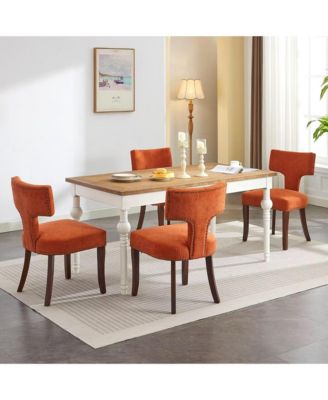 Modern Wooden Dining Chairs Set of 2 - Linen Upholstered Kitchen Chairs with Curved Backrest, Copper Nails for Dining Room