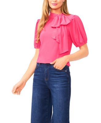Women's Short-Sleeve Tie Neck Bow Detail Top