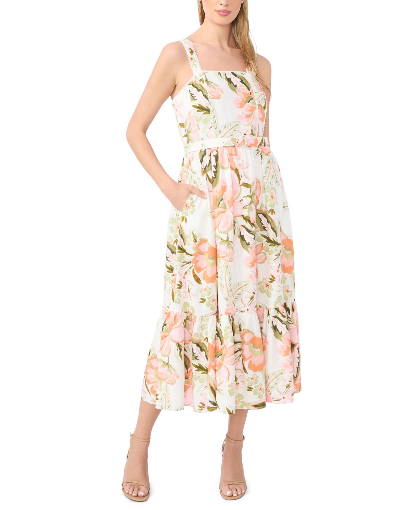 Женское платье CeCe Floral Square Neck Midi, цвет: Слоновая кость — фото 1