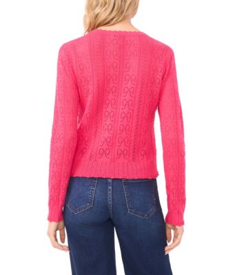 Women's V-Neck Pointelle Cotton Cardigan Sweater