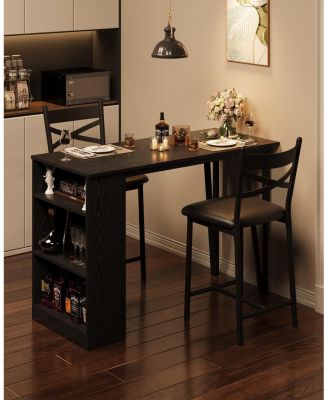 3-Piece Bar Table Set for 2, Flip Top Extension Bar Table and Chairs with Shelves, Small Space Kitchen Set