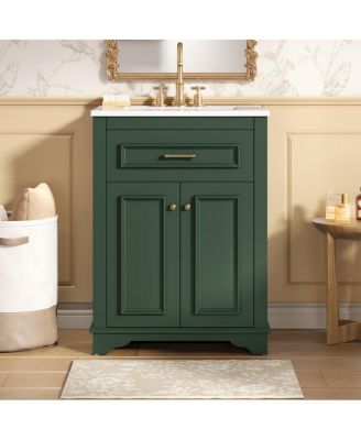 24" Bathroom Vanity with Ceramic Sink, Modern Freestanding MDF Cabinet, Tip-Out Drawer Soft Close Door for Small Bathrooms