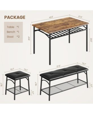 4-Piece Square Dining Table Set, Wood Table with 2 Upholstered Chairs & Bench, Metal Frame, Storage for Small Space