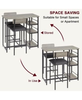 3-Piece Bar Table Set, Dining Table & 2 Cushion Stools, Tall Breakfast Nook with Storage Shelves for Apartment