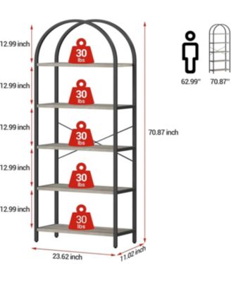 5-Tier 70.8" Tall Arched Bookshelf, Open Display Shelf with Metal Frame, Storage Rack for Bedroom or Home.