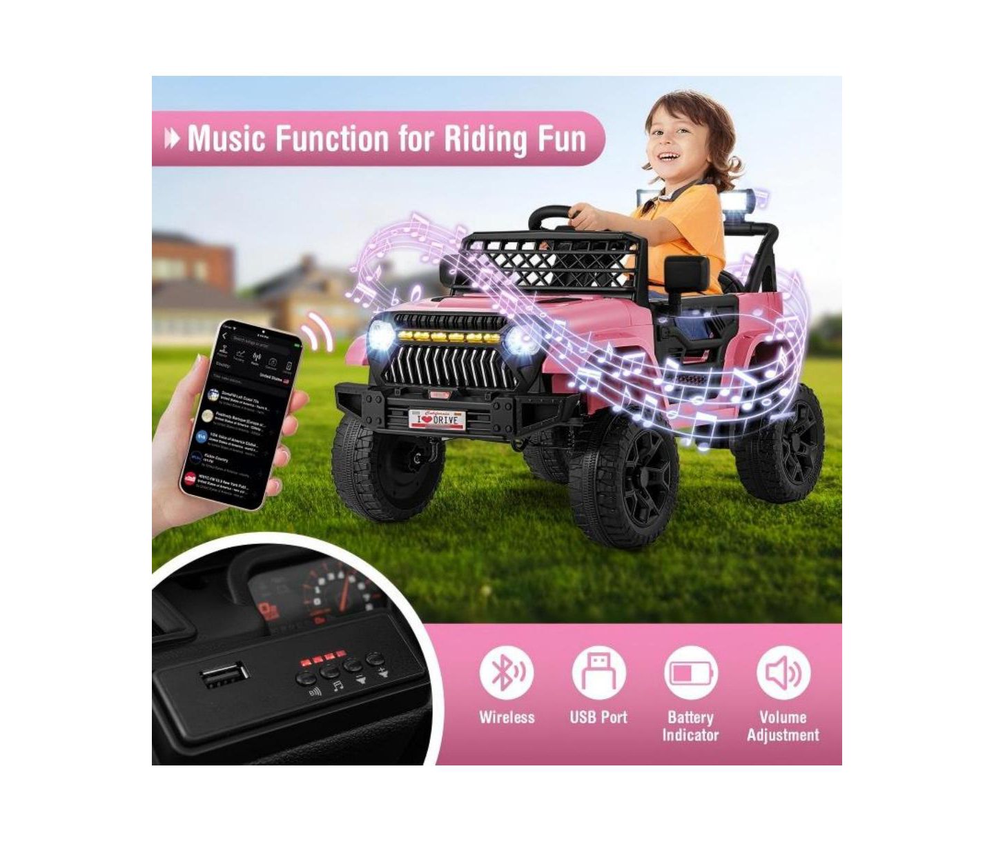 Детская игрушка HONGGE 12V Electric Ride-On Truck with Remote Control and LED Lights, 1-Seat, Ages 3-10, цвет: Розовый — фото 4