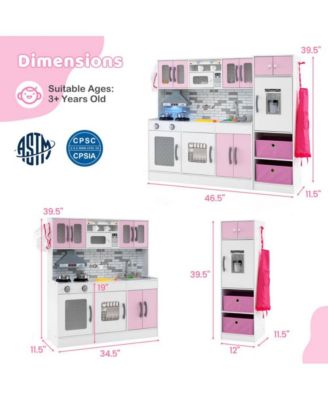 2 Piece Wooden Kids Play Kitchen Set with Refrigerator Sink Stove and Realistic Lights and Sounds