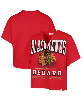 Women's Connor Bedard Red Chicago Blackhawks Elation Name & Number Oversized Notch Neck T-Shirt